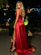 Red Satin Strapless Beading Prom Dress