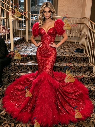 Red Mermaid Sequins Puff Sleeve Prom Dress