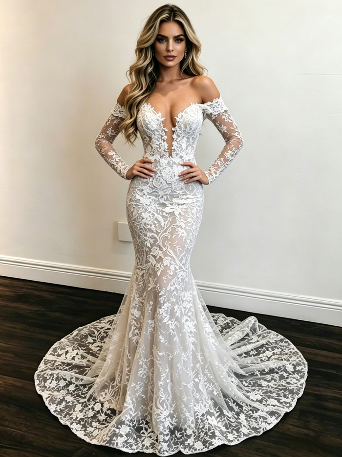 White Mermaid Lace Long Sleeve Wedding Dress