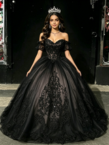 Black Tulle Off the Shoulder Appliques Quinceanera Dress