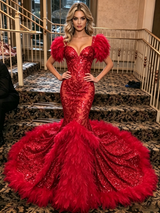 Red Mermaid Sequins Puff Sleeve Prom Dress