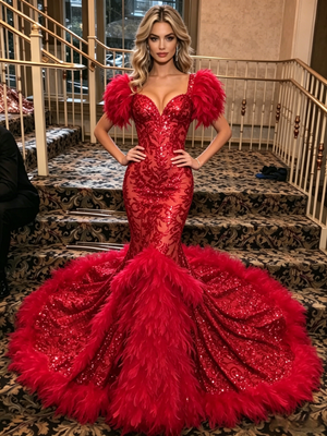 Red Mermaid Sequins Puff Sleeve Prom Dress