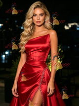 Red Satin Strapless Beading Prom Dress