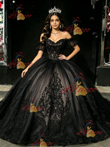 Black Tulle Off the Shoulder Appliques Quinceanera Dress