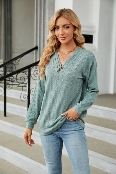 V-neck Button Loose Long Sleeve T-shirt