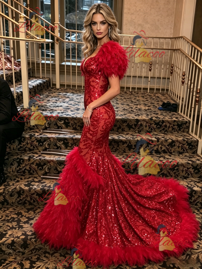 Red Mermaid Sequins Puff Sleeve Prom Dress