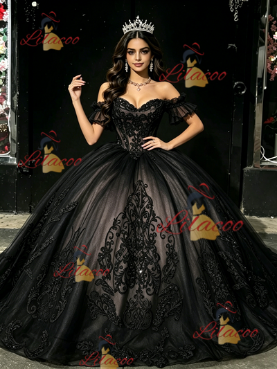 Black Tulle Off the Shoulder Appliques Quinceanera Dress