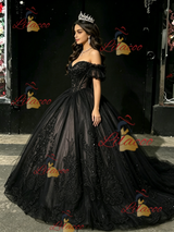 Black Tulle Off the Shoulder Appliques Quinceanera Dress