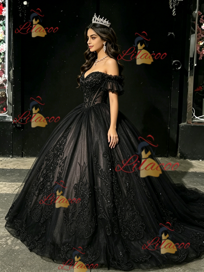 Black Tulle Off the Shoulder Appliques Quinceanera Dress