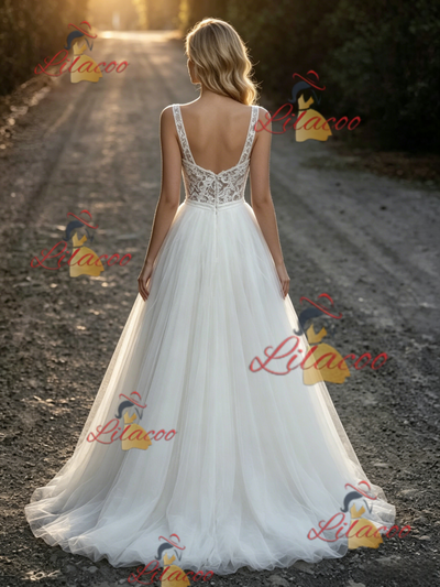 White Tulle Lace Straps Wedding Dress