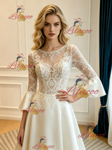 Ivory Satin Short Sleeve Lace Appliques Wedding Dress
