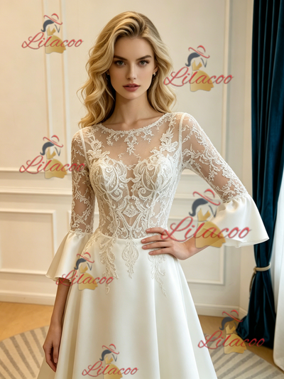 Ivory Satin Short Sleeve Lace Appliques Wedding Dress