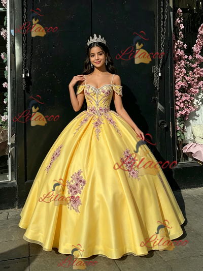 Yellow Tulle Straps Appliques Quinceanera Dress