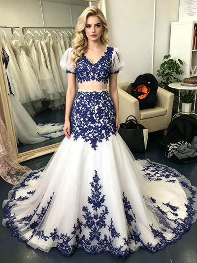 White Tulle Mermaid Appliques Prom Dress