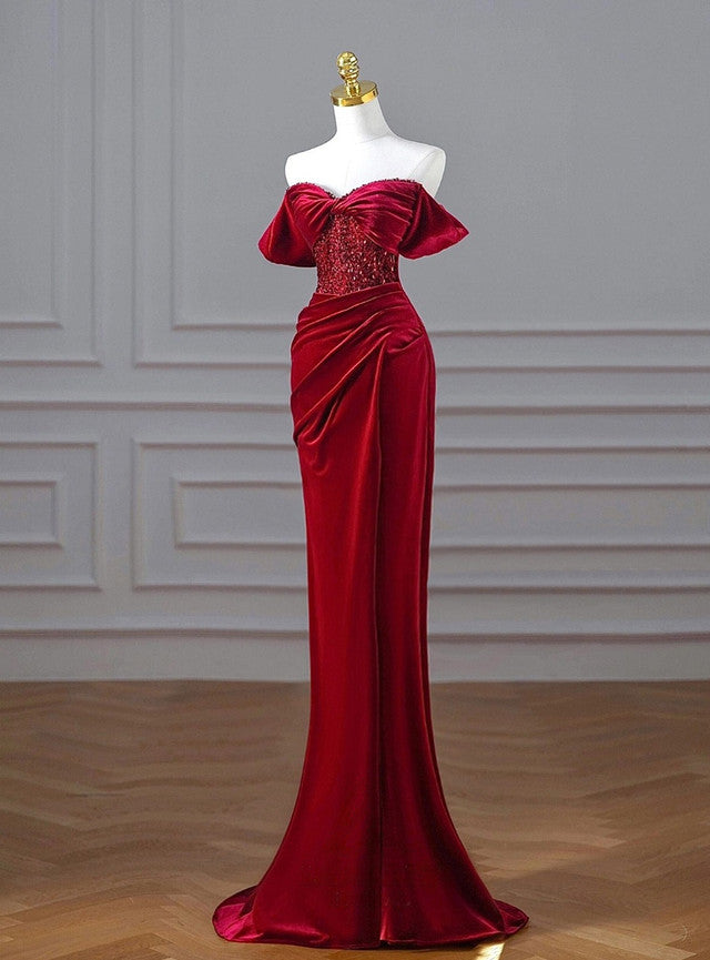 Burgundy Mermaid Velvet Sequins Pleats Prom Dress
