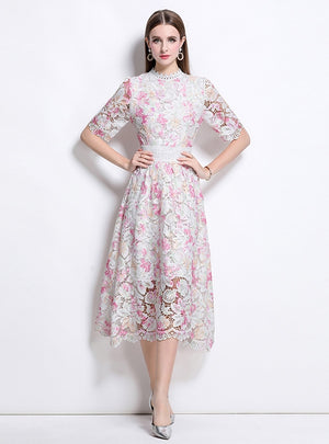 Women Flower Short Sleeve Lace Dress