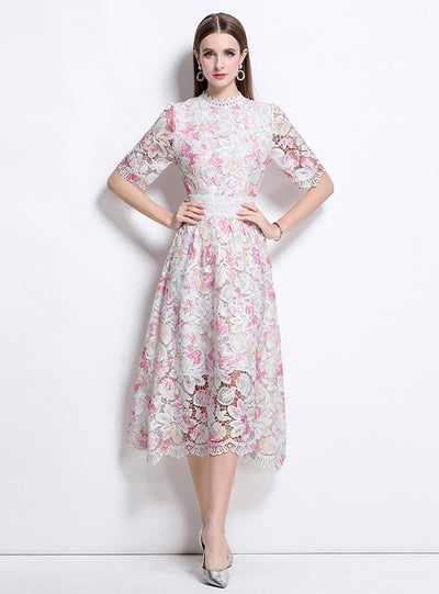 Women Flower Short Sleeve Lace Dress