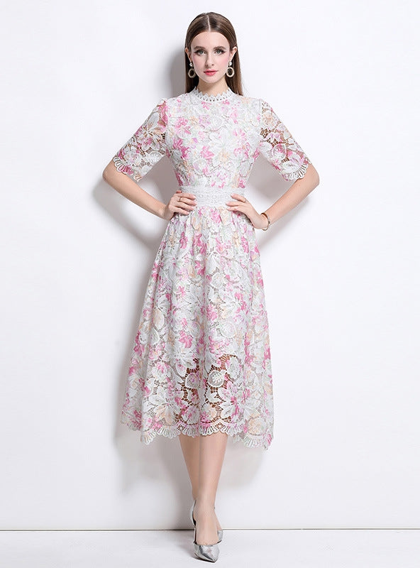Women Flower Short Sleeve Lace Dress