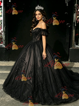 Black Tulle Off the Shoulder Appliques Quinceanera Dress