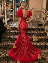 Red Mermaid Sequins Puff Sleeve Prom Dress
