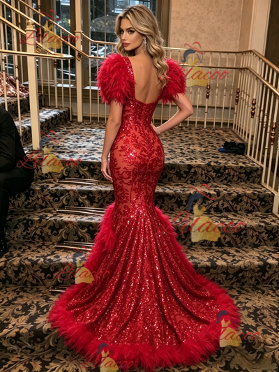 Red Mermaid Sequins Puff Sleeve Prom Dress