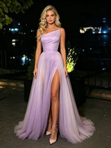 Purple Tulle One Shoulder Split Prom Dress