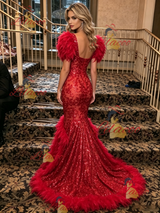 Red Mermaid Sequins Puff Sleeve Prom Dress