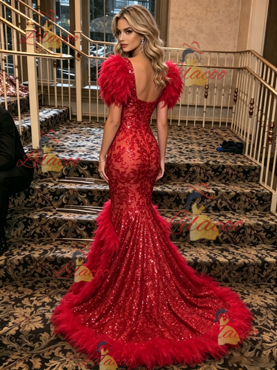 Red Mermaid Sequins Puff Sleeve Prom Dress