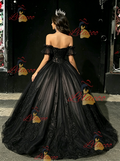 Black Tulle Off the Shoulder Appliques Quinceanera Dress