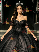 Black Tulle Off the Shoulder Appliques Quinceanera Dress
