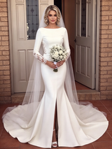 White Mermaid Long Sleeve Split Wedding Dress
