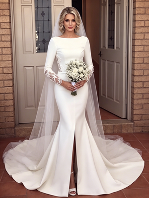 White Mermaid Long Sleeve Split Wedding Dress