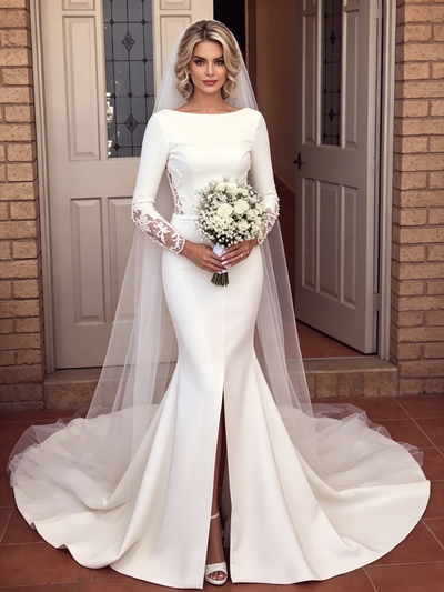 White Mermaid Long Sleeve Split Wedding Dress