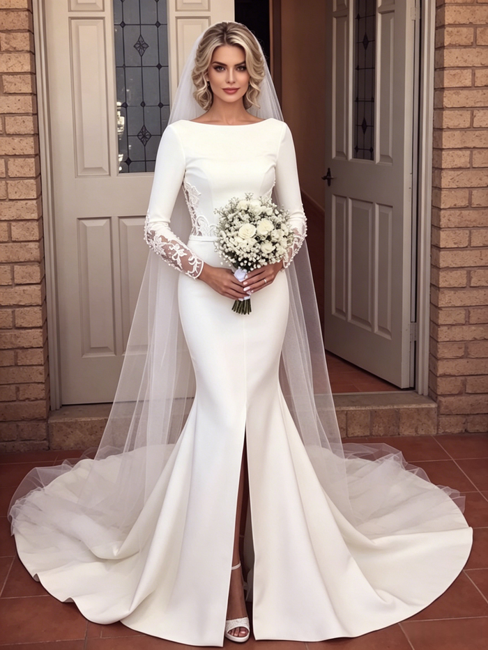 White Mermaid Long Sleeve Split Wedding Dress