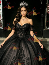 Black Tulle Off the Shoulder Appliques Quinceanera Dress