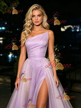 Purple Tulle One Shoulder Split Prom Dress