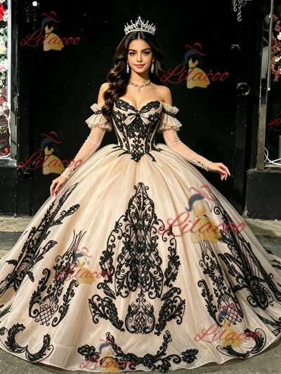 Champagne Tulle Appliques Long Sleeve Quinceanera Dress