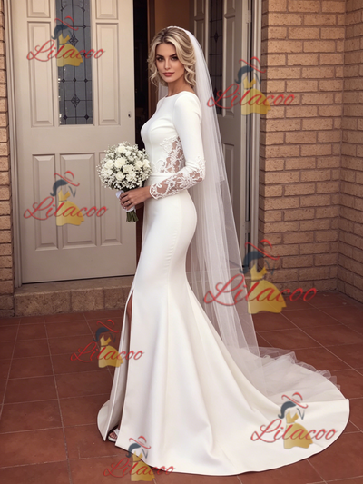 White Mermaid Long Sleeve Split Wedding Dress