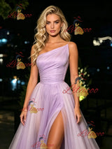 Purple Tulle One Shoulder Split Prom Dress