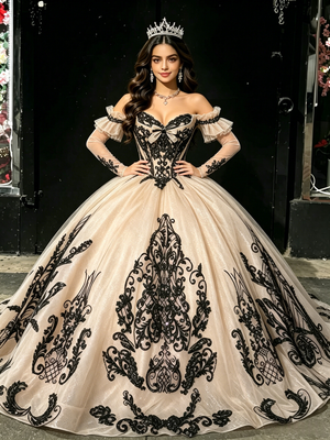 Champagne Tulle Appliques Long Sleeve Quinceanera Dress
