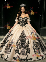 Champagne Tulle Appliques Long Sleeve Quinceanera Dress