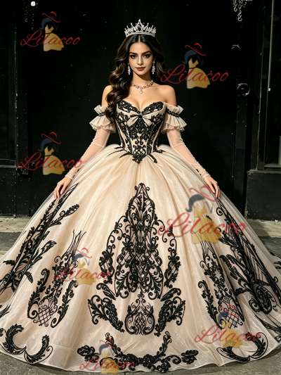 Champagne Tulle Appliques Long Sleeve Quinceanera Dress