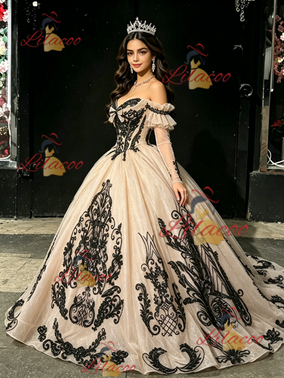 Champagne Tulle Appliques Long Sleeve Quinceanera Dress