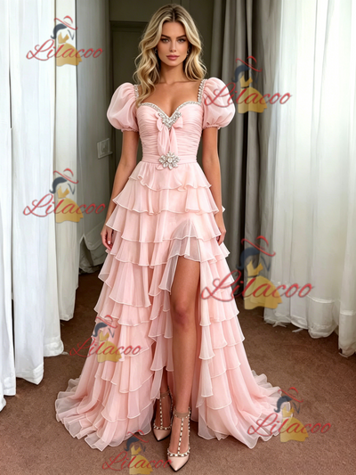Pink Tulle Puff Sleeve Pleats Prom Dress
