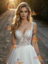 White Tulle Lace Straps Wedding Dress