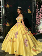 Yellow Tulle Straps Appliques Quinceanera Dress