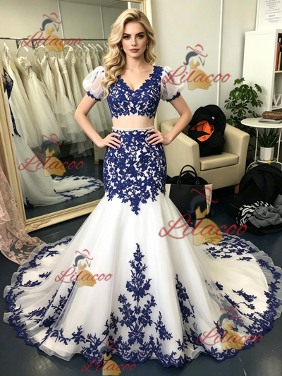 White Tulle Mermaid Appliques Prom Dress