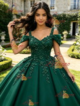 Green Tulle Off the Shoulder Appliques Quinceanera Dress