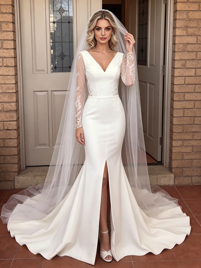 White Mermaid V-neck Split Wedding Dress