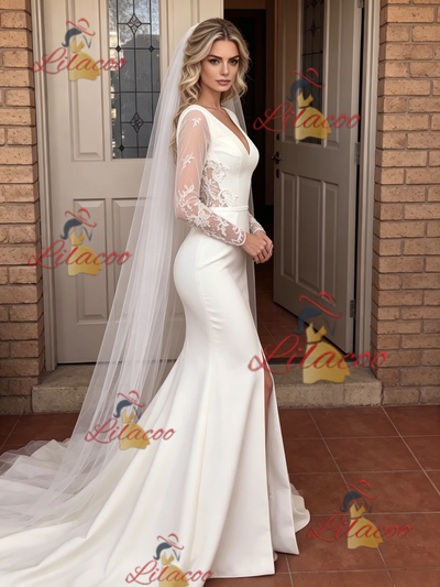 White Mermaid V-neck Split Wedding Dress